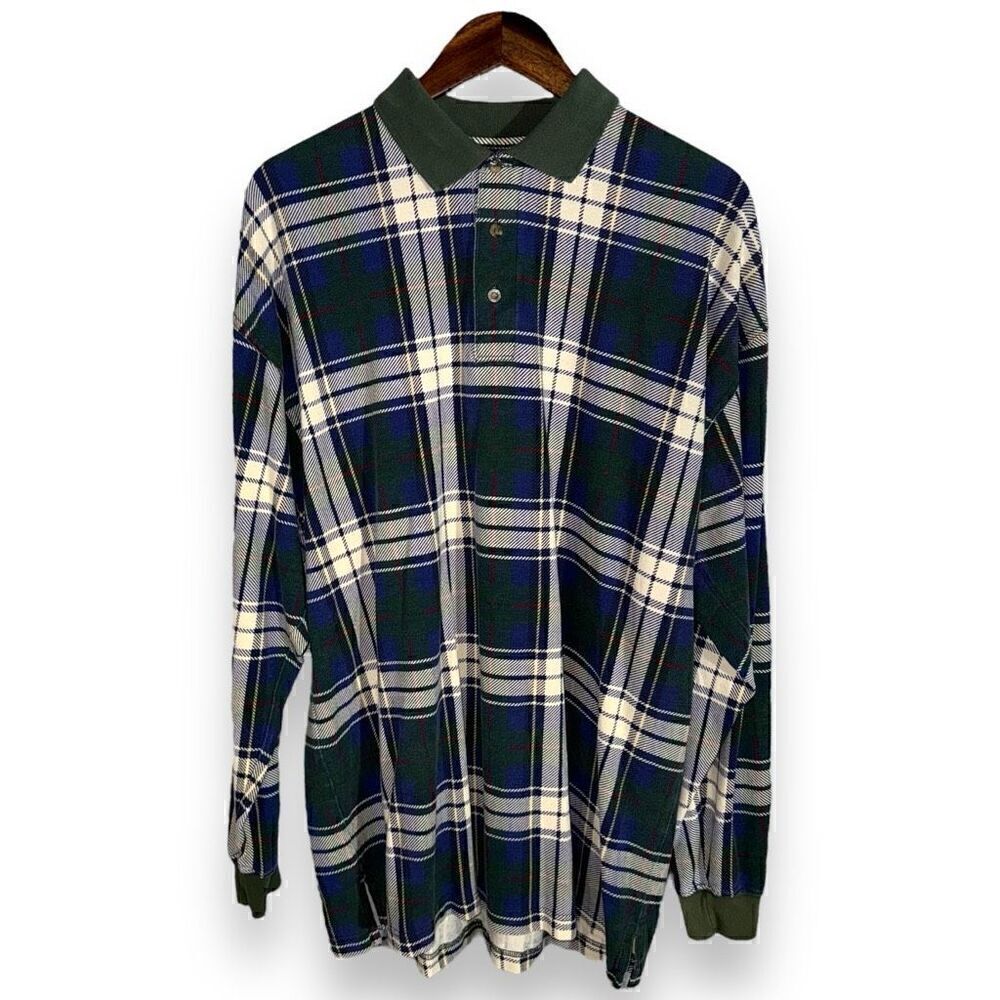90s Gant Green Plaid L/S Polo Shirt Size L